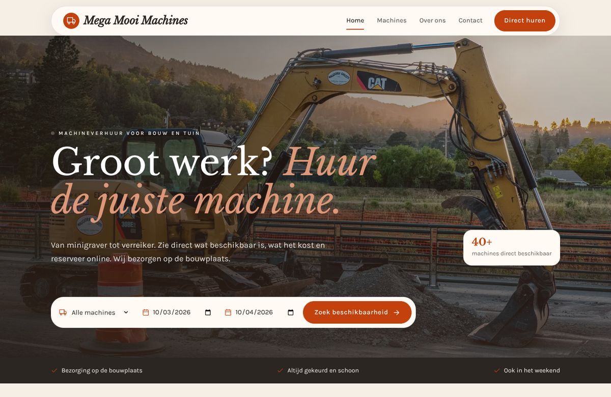 Verhuur met reserveringssysteem · Mega Mooi Machines (voorbeeld)